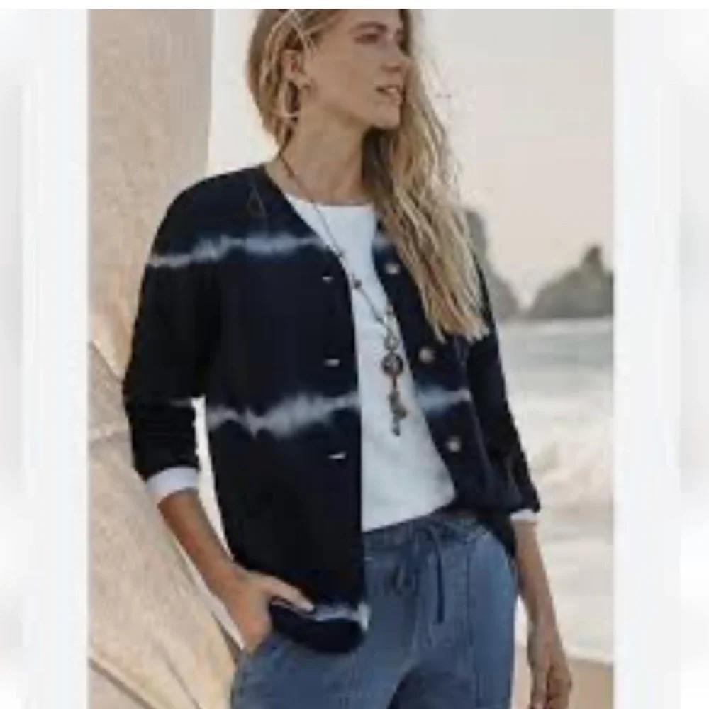 J.Jill Purejill 100% Cotton Navy Blue Quilted Jacket MD Tie Dye Button Front - Picture 2 of 13